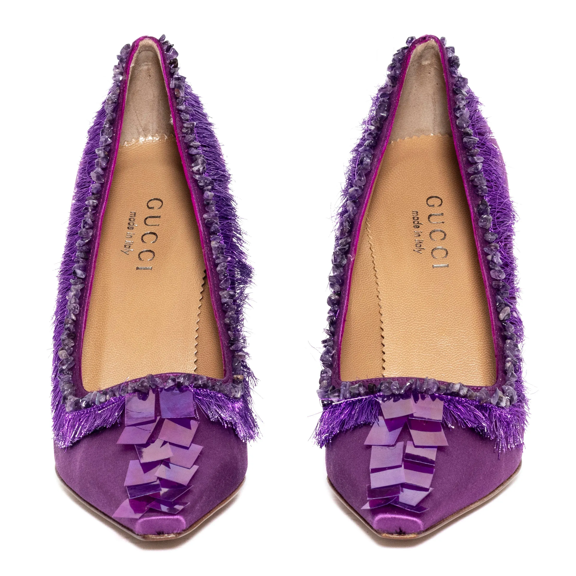 Purple Satin Fringe and Sequin Pumps 8