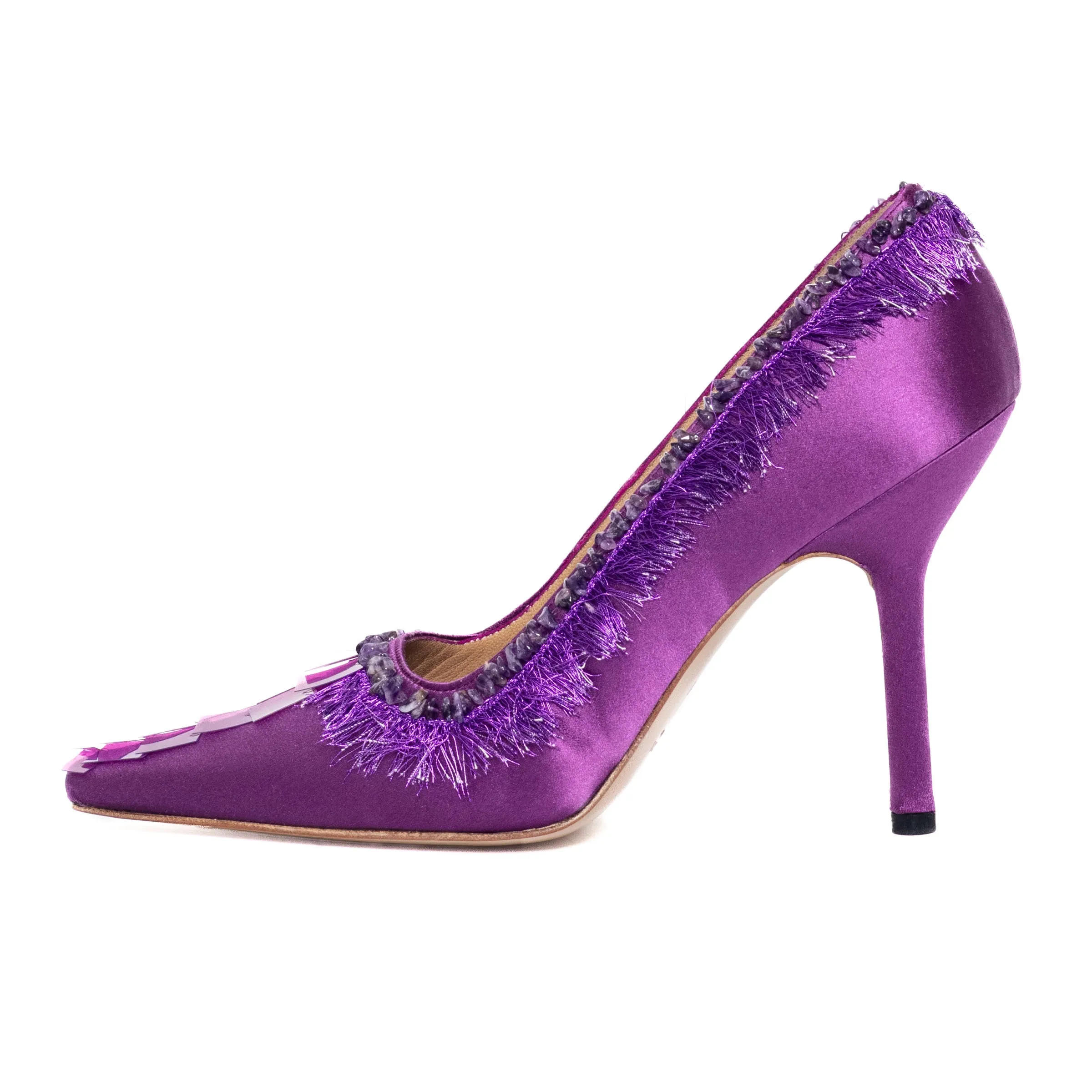 Purple Satin Fringe and Sequin Pumps 8