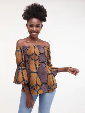 Safari Ayana Off Shoulder 3/4 Sleeved Top - Mustard / Purple Print