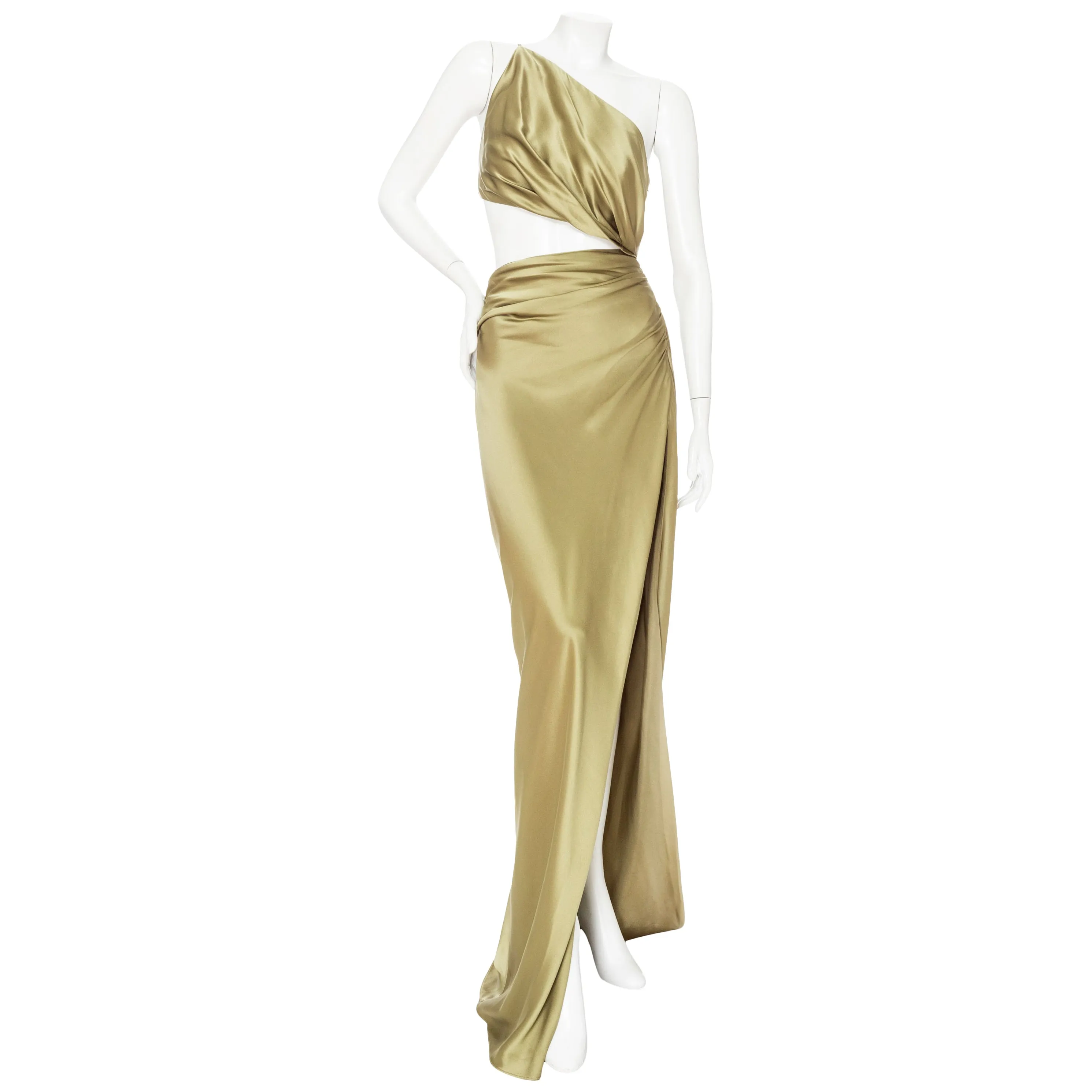 Sage Green Silk One-Shoulder Cut-Out Gown