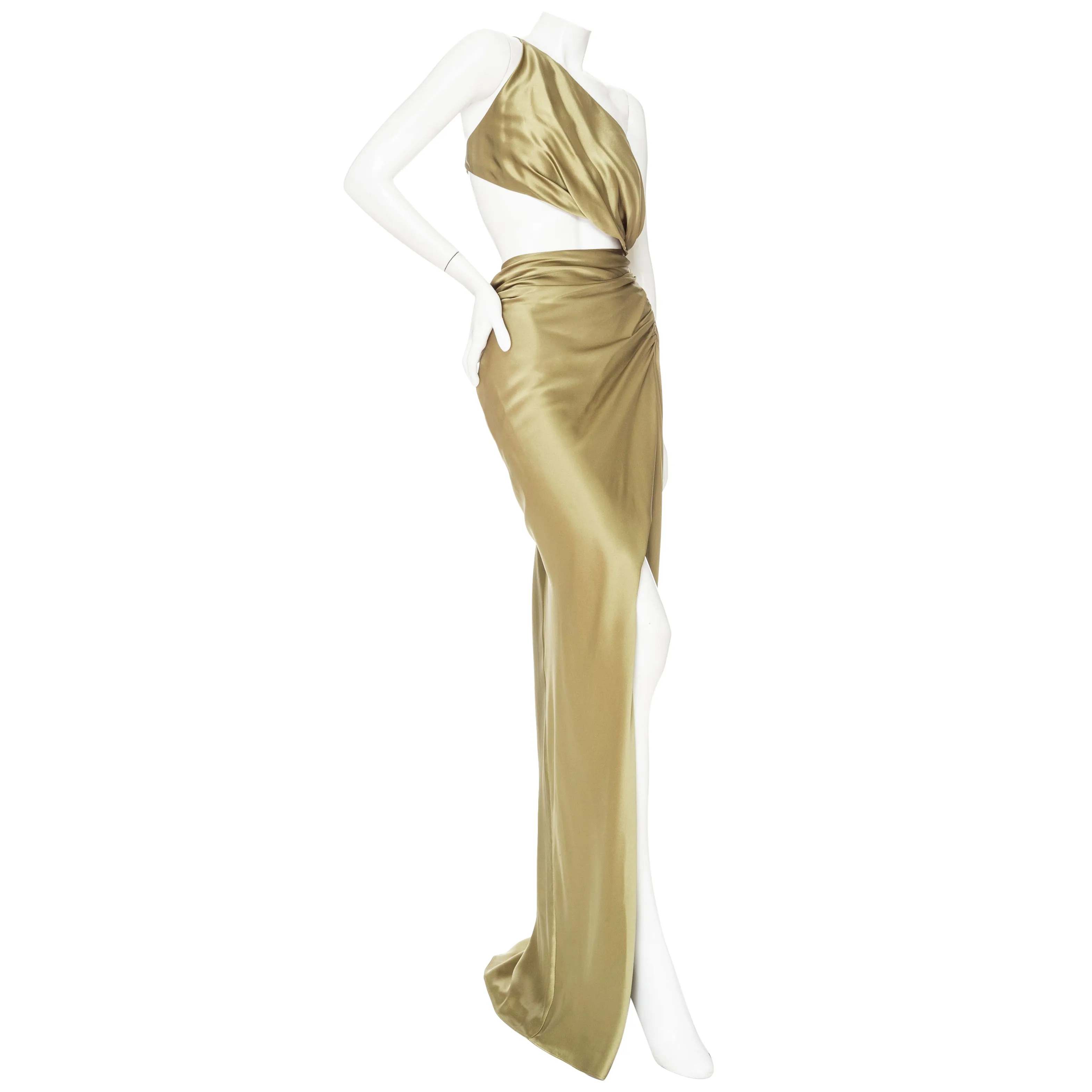 Sage Green Silk One-Shoulder Cut-Out Gown