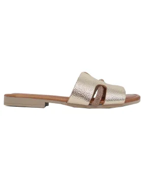 Sandali flat donna in pelle laminata platino con stass