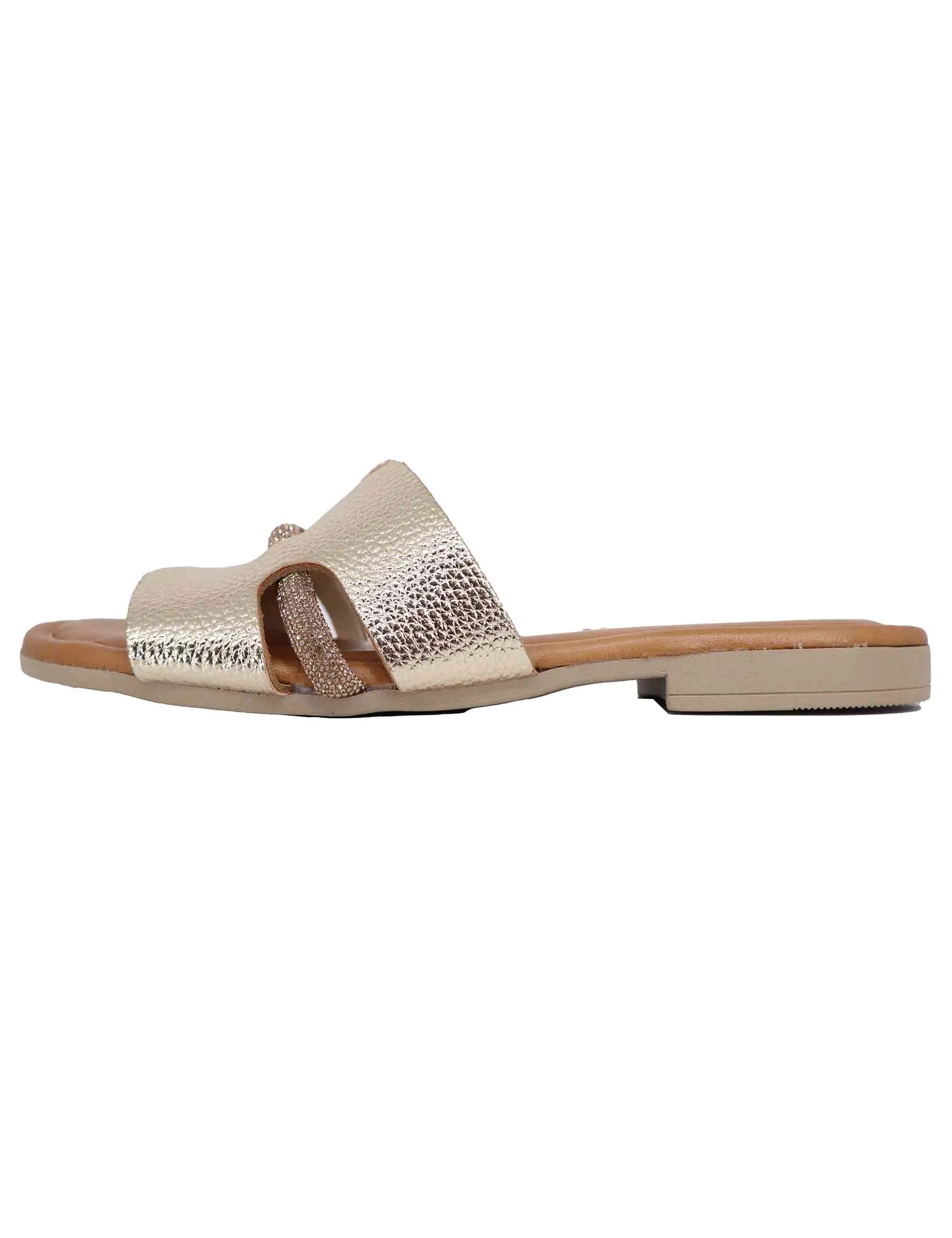 Sandali flat donna in pelle laminata platino con stass