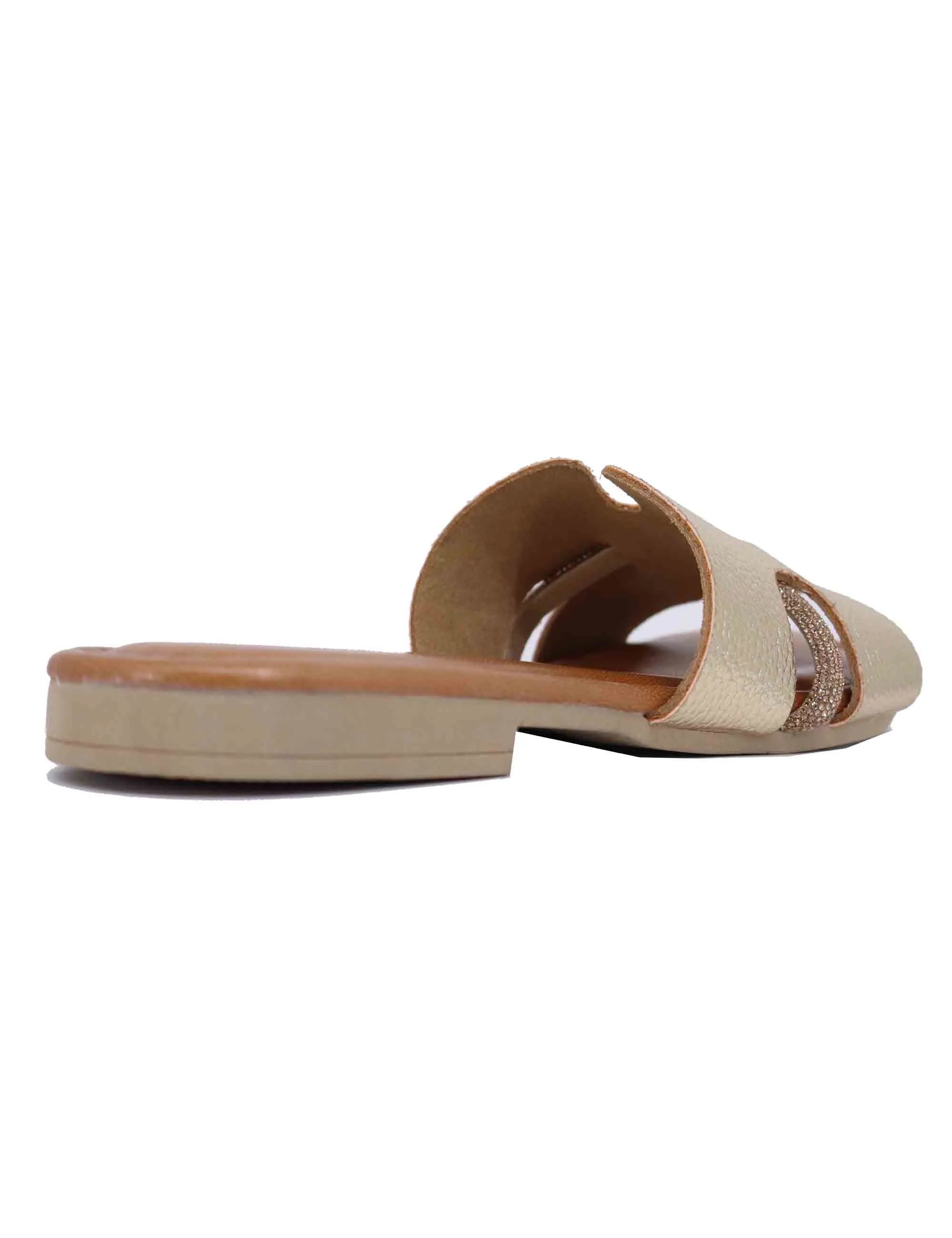 Sandali flat donna in pelle laminata platino con stass