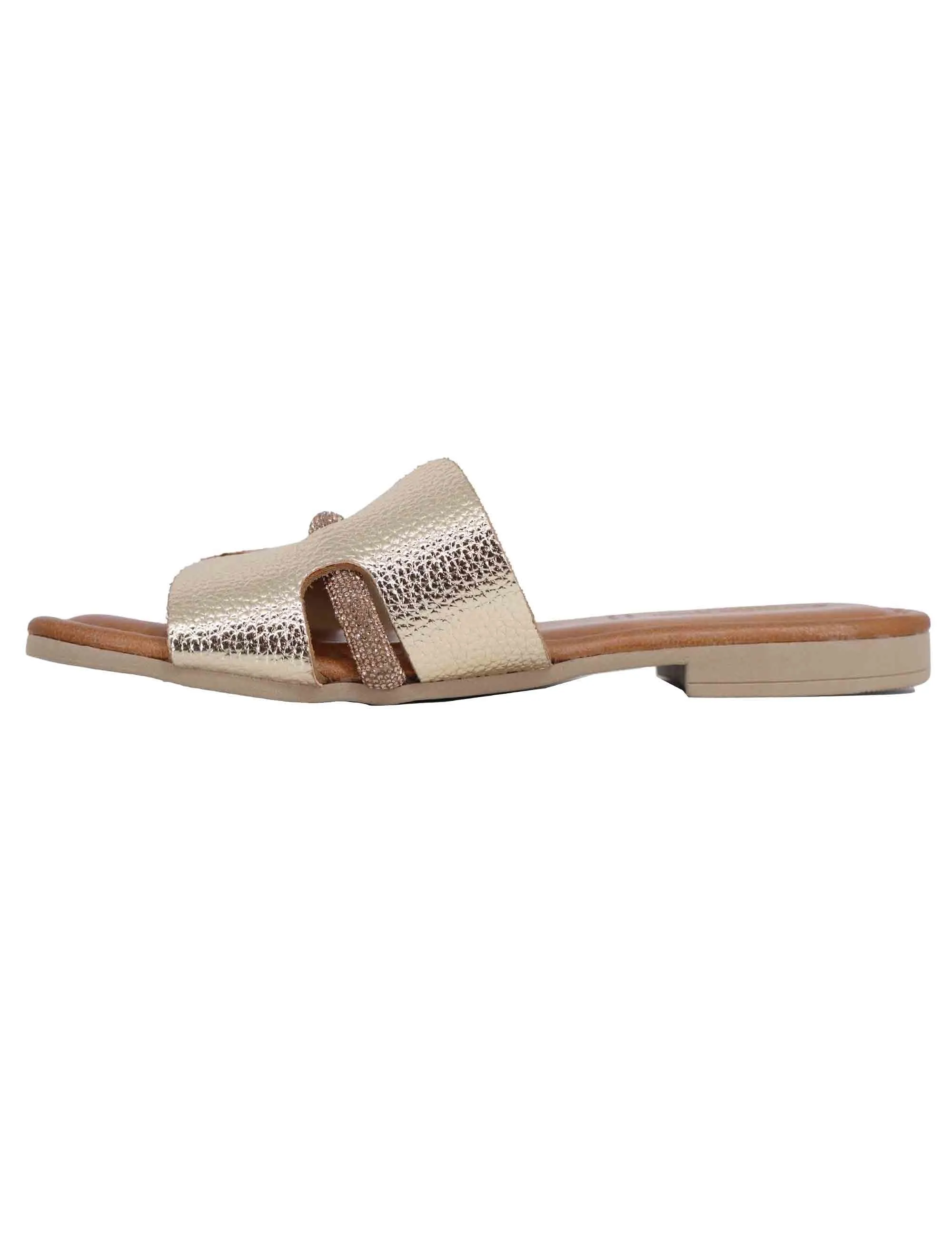 Sandali flat donna in pelle laminata platino con stass