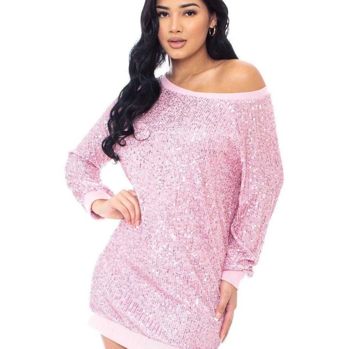 Sequin Wide Neck Boxy Mini Dress