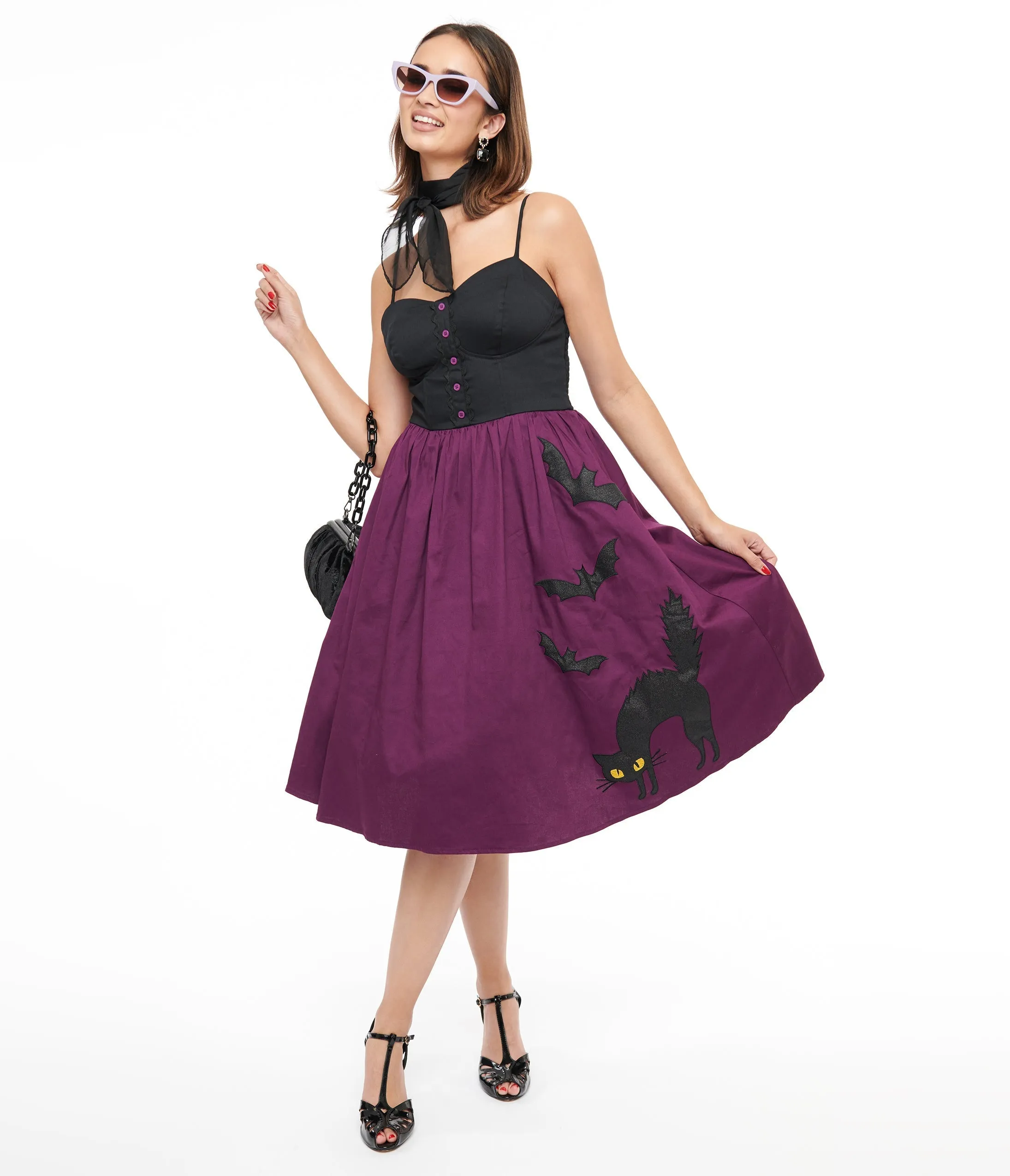 Unique Vintage Plus Size 1950s Purple & Black Glitter Cat Swing Dress