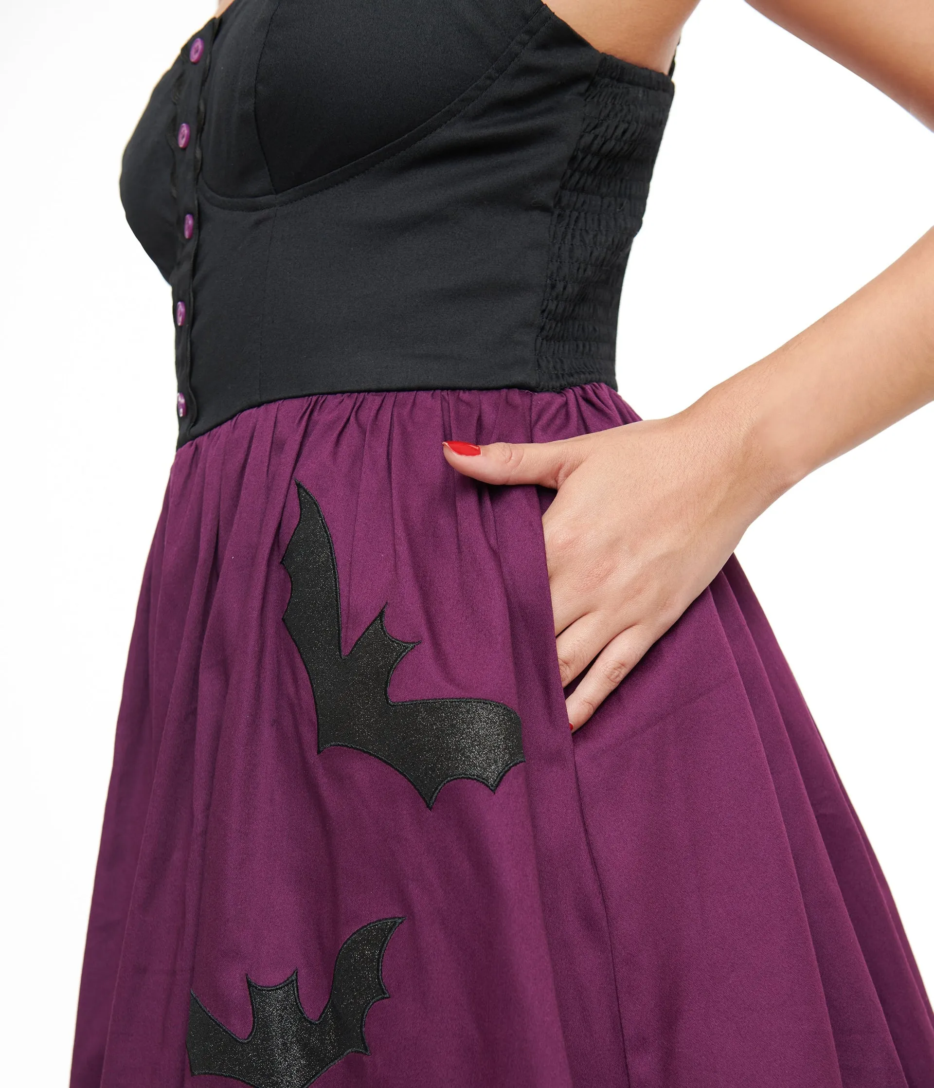 Unique Vintage Plus Size 1950s Purple & Black Glitter Cat Swing Dress